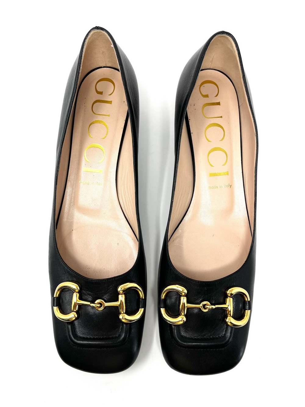 Gucci Baby Bit Horsebit Chunky Low Heels Pumps Shoes Black Leather Gold 42 12 - Picture 2 of 10
